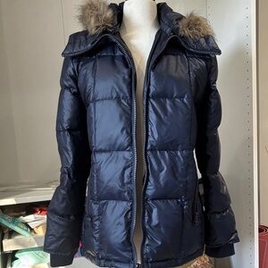 Kenneth Cole New York Dark Blue Puffer Jacket with Faux Fur Hood